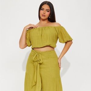 Chartreuse Green Off-Shoulder Top and Pants Set ✨